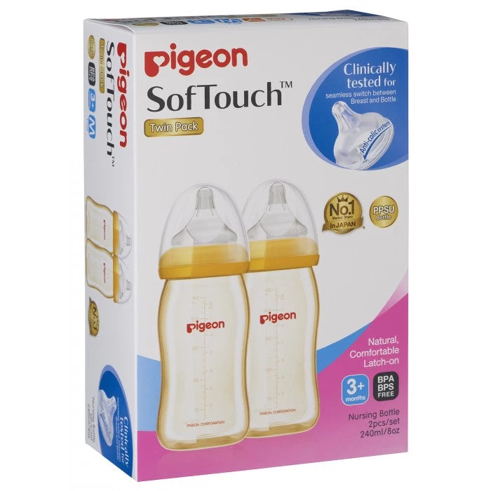 Pigeon Softouch Peristaltic Plus Ppsu Nursing Bottle, 240ml (M) 3+ Months (Y-Cut) Twin Pack - Image 2