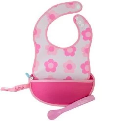 B.box Travel Bib W/ Baby Spoon (Flower Power)